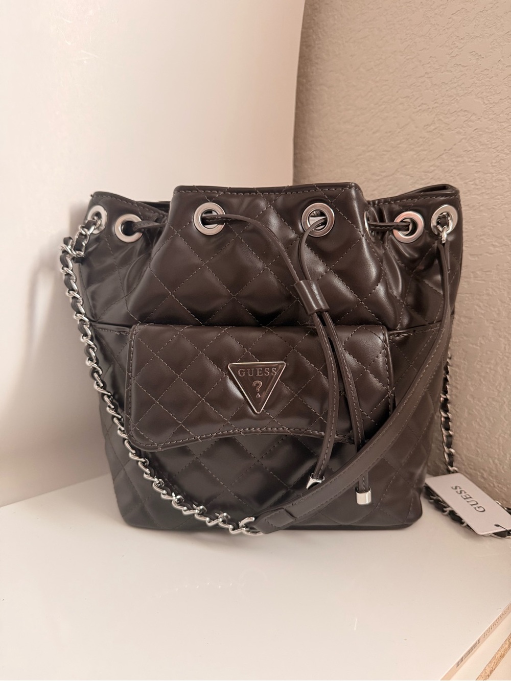 BRAND NEW! GUESS Brown Quilted Drawstring Bucket Bag in Brown with Silver Chain
